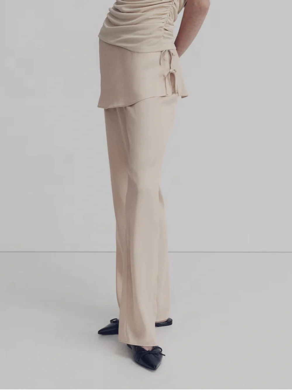 H&M NWT satin Wide-Leg Wrap Overlay skirt scarf trim Pants in Nude cream